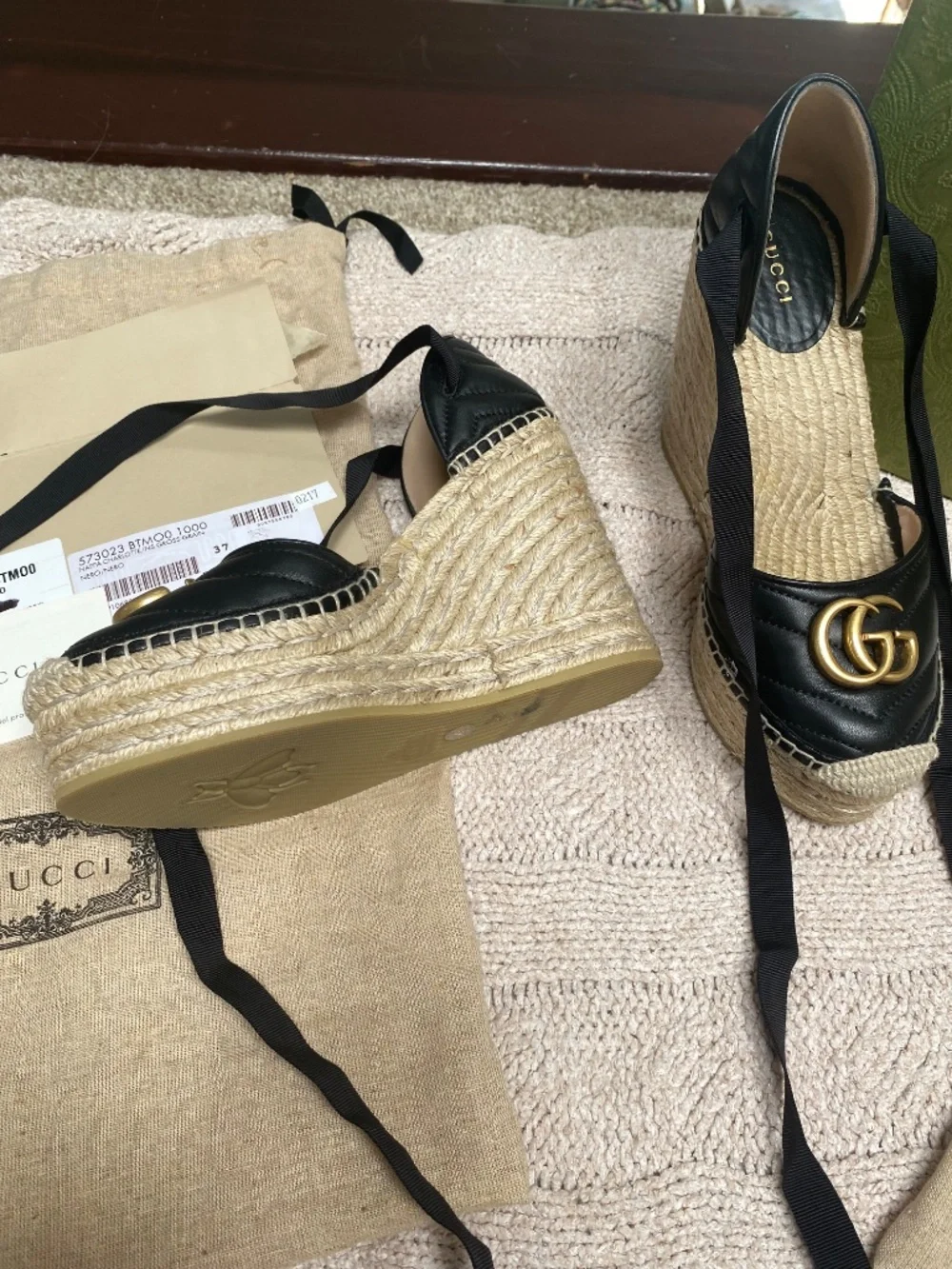 Gucci black monogram espadrilles with ankle ties